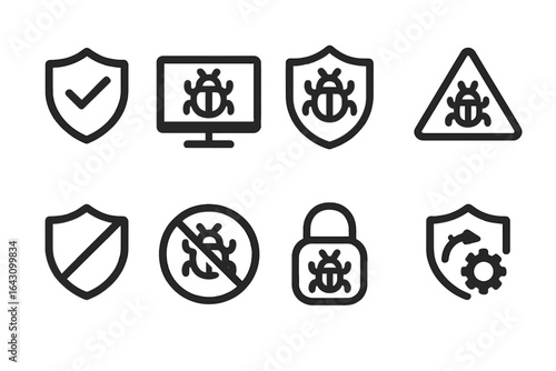 Collection of cybersecurity icons representing protection and detection against malware threats