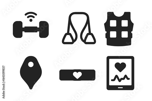 Fitness equipment icons showcasing modern workout tools and health tracking devices used for gym exercises and personal training