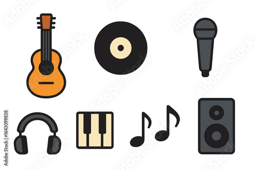 Musical instruments and sound elements displayed in a creative arrangement showcasing music appreciation