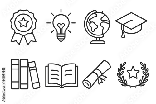 Collection of educational symbols representing achievement, knowledge, and learning from various perspectives