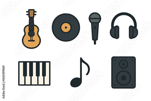 Variety of musical instruments and equipment displayed on a simple background for entertainment
