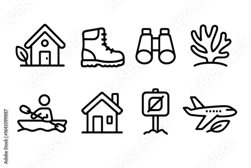 Symbols of adventure and exploration in nature including hiking, kayaking, and wildlife watching