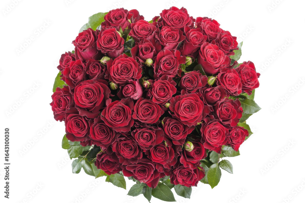 Obraz premium Beautiful bouquet of red roses and eucalyptus leaves isolated on transparent background. Bouquet of red roses heart shape top view isolated on white background.