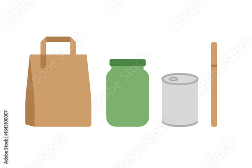 Groceries arranged neatly in a row showcasing a paper bag, glass jar, tin can, and a wooden clothespin