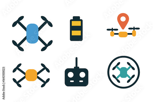 Icons representing drone technology, including a controller, battery, and location marker