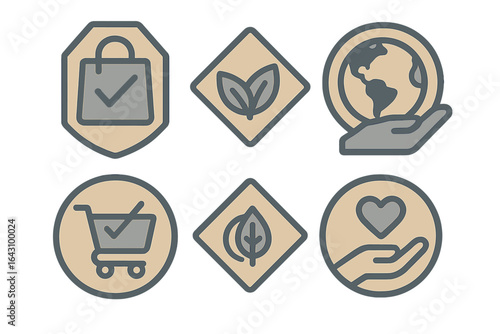 Modern eco-friendly icons represent sustainable shopping and environmental awareness in a minimalist style