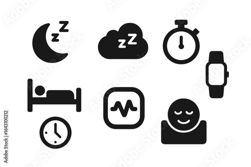 Collection of sleep and health icons illustrating rest, time management, and wellness monitoring concepts