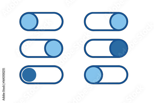 Toggle switch designs in varying positions and colors showcasing modern interface elements for user interaction