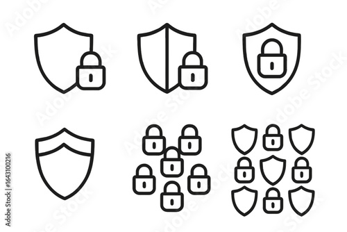 Collection of shield and lock icons representing security and protection measures in various designs and arrangements