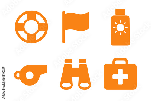 Essential safety and rescue equipment displayed for outdoor activities at the beach or poolside during sunny weather