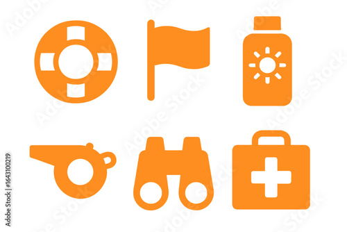 Safety gear and tools for lifesaving activities at a beach or pool environment