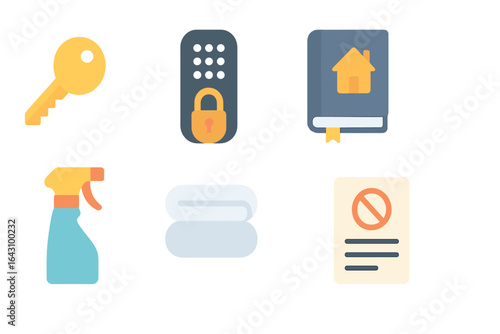 Illustrative icons of home security and cleanliness essentials for a safe living environment