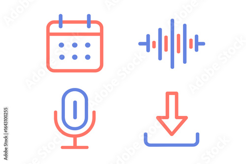Icons of scheduling, audio recording, and downloading tools shown in vibrant colors for digital applications and communication