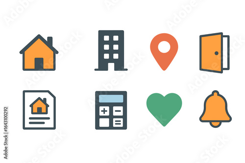 Various icons representing real estate, location, and home services displayed in a creative and minimalistic design suitable for digital applications