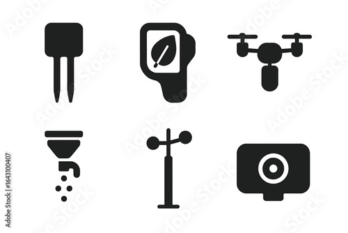 Collection of modern technology icons including a drone and measurement tools displayed on a simple background