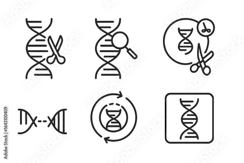 Illustration of various DNA manipulation concepts including cutting, analyzing, and transforming genetic material