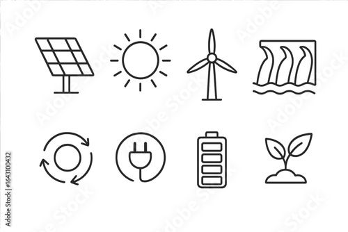 Renewable energy icons representing solar, wind, and water power in a modern design
