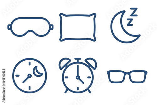 Sleep essentials layout with sleep mask, pillow, moon, clock, alarm, and glasses designed for relaxation and rest time