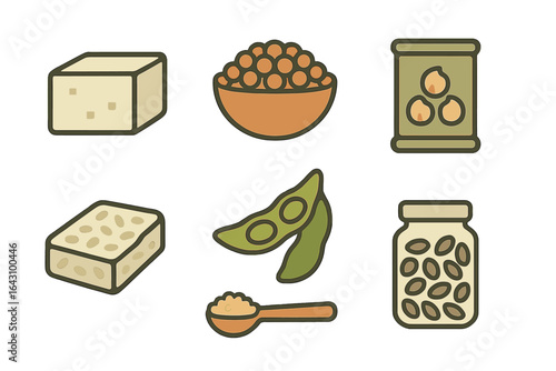 Various plant-based protein sources displayed in a flat layout, including tofu, legumes, and seeds for healthy eating choices