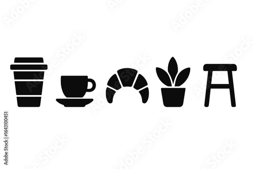 Coffee shop elements featuring a cup, croissant, plant, and stool in minimalist design