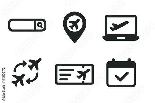 Icons representing travel booking and flight navigation using mobile devices and computers