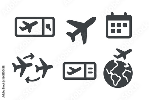 Travel essentials including flight tickets, airplanes, calendar, and a globe showing global travel connections
