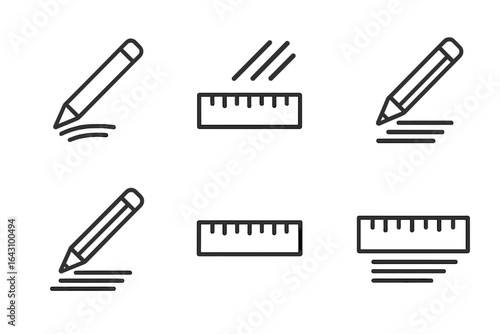 Illustrations of pencil and ruler in various positions showing drawing and measuring activities