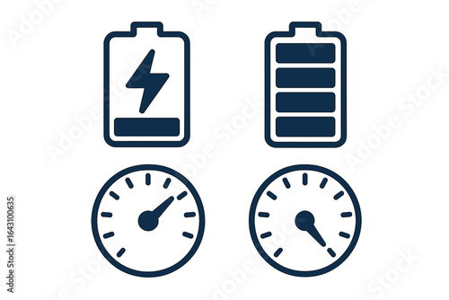 Battery and gauge icons for energy level indication and measurement