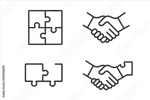 Collaboration and teamwork symbolized by puzzle pieces and handshake outlines in a minimalistic design