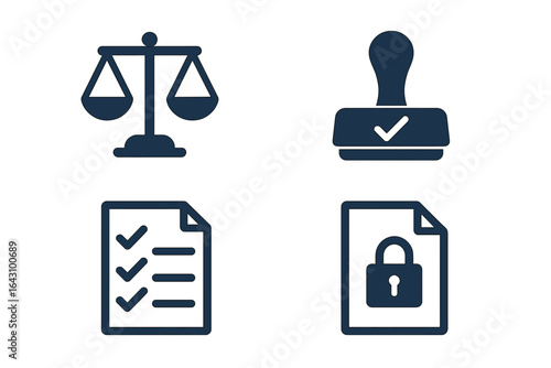 Legal symbols representing justice, verification, compliance, and confidentiality in a structured format