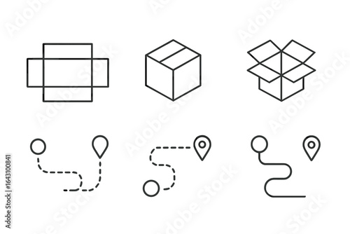 Various package designs and delivery route icons for logistics and transportation purposes