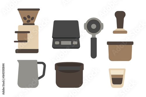 Coffee preparation tools arranged on a countertop, showcasing various essential equipment for brewing coffee at home
