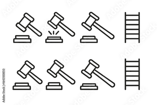 Legal symbols illustrating gavel motions and a ladder representing steps in the judicial process