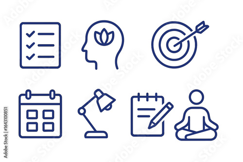 Mindfulness and productivity symbols for promoting mental well-being and focus in daily life