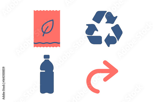 Recycling symbols for sustainability, featuring reusable bottle and eco-friendly packaging elements