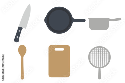 Kitchen tools including knife, frying pan, pot, spoon, cutting board, and strainer arranged on a flat surface for cooking preparation