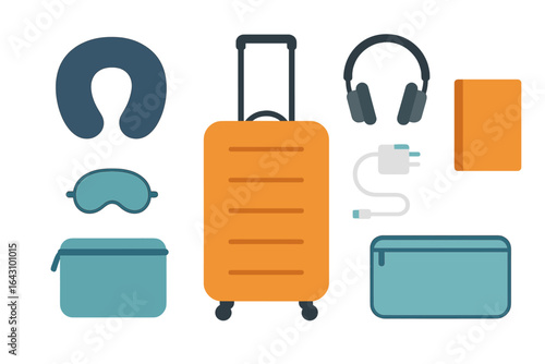 Travel essentials packed in a suitcase with accessories for a comfortable journey