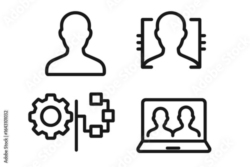 Icons representing digital identity verification and technological processes in a minimalist style