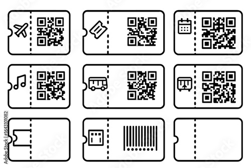 Multiple QR codes representing various services and activities in a modern digital format