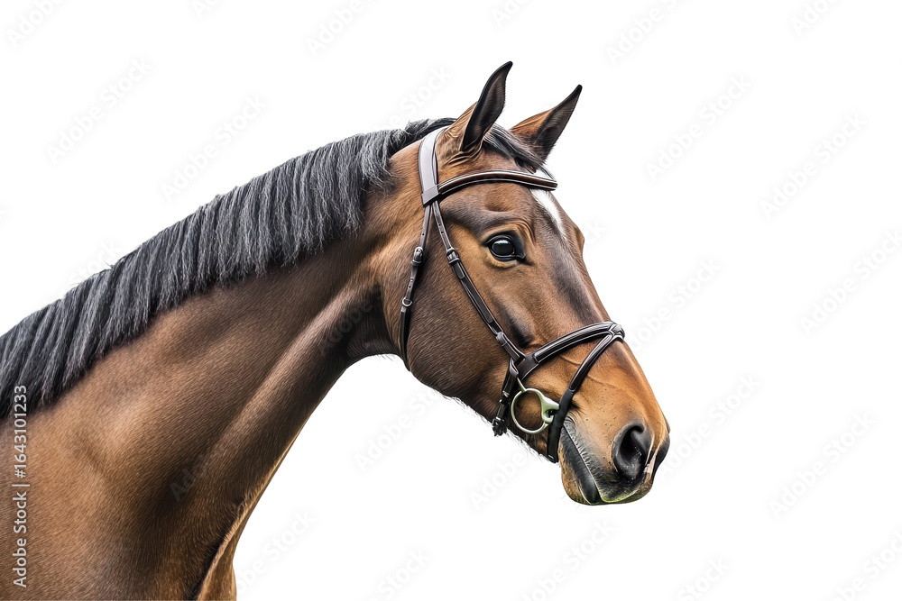 Fototapeta premium Close up of a brown horse head with bridle isolated on transparent background. Brown horse isolated on white background.