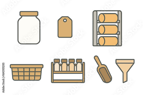 Kitchen storage items including jars and labels arranged neatly for organization and efficiency