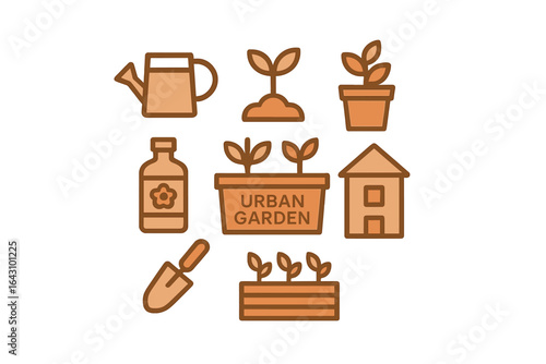 Urban garden elements showcasing plants, pots, tools, and a house at a community gardening project