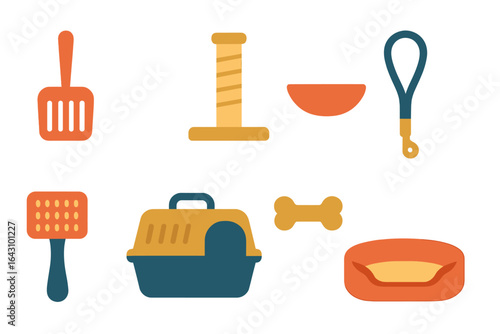 Pet care essentials displayed on a clean background showcasing a variety of items for cat and dog owners during a casual shopping day