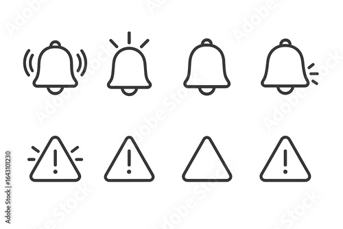 Collection of alert and notification icons designed in a minimalist style for digital interfaces and applications