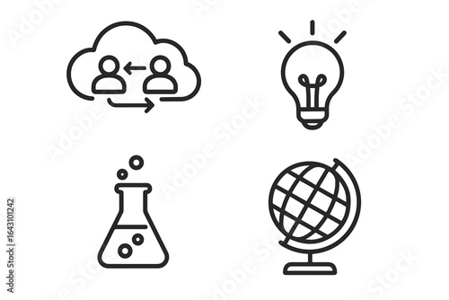 Creative icons representing collaboration, innovation, science, and global awareness in a modern design