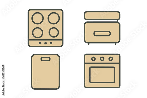 Kitchen appliances design featuring stove, refrigerator, cutting board, and oven in minimalistic style