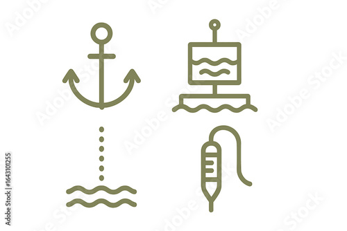 Nautical symbols depicting anchor, buoy, and fishing bobber on a calm water background