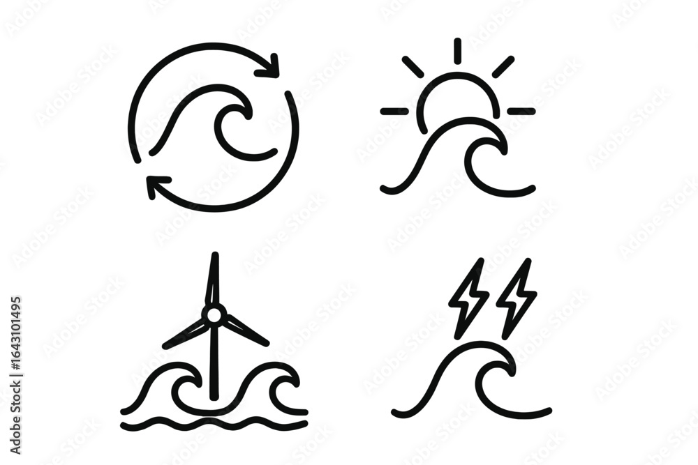 Obraz premium Illustrations of ocean waves and renewable energy symbols highlighting climate action and sustainability efforts