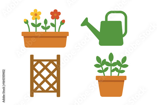 Colorful plants and gardening tools in a simple layout for nature enthusiasts and hobby gardeners