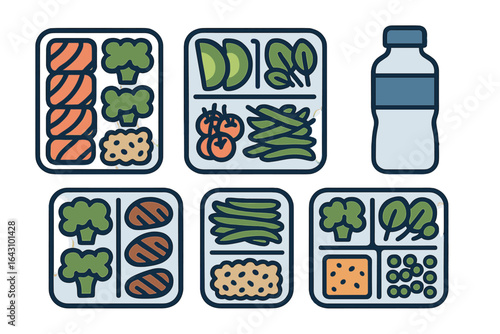 Healthy meal prep featuring balanced portions of vegetables, protein, and hydration in colorful containers